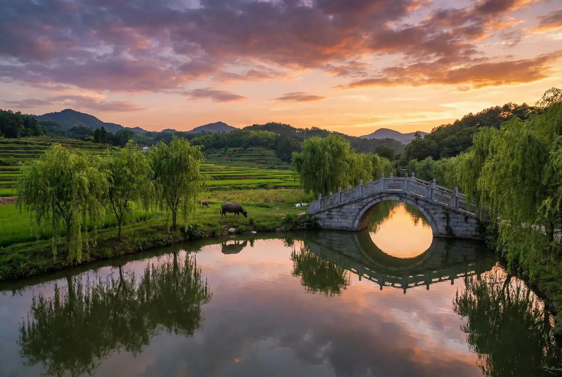 夕阳下的石拱桥与垂柳，水牛在河边吃草 - 台北朝九晚五 乡村美景